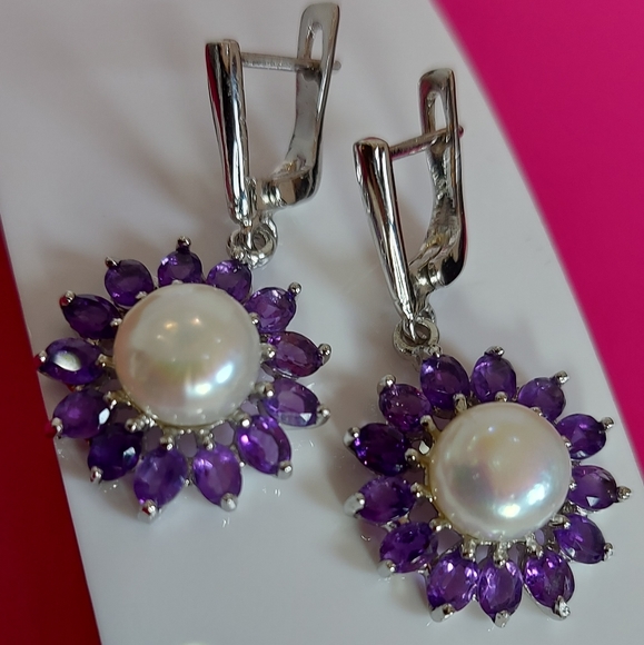 Natural Round Pearl 9mm & Amethyst 925 Sterling Silver Earrings‎ - Picture 8 of 8